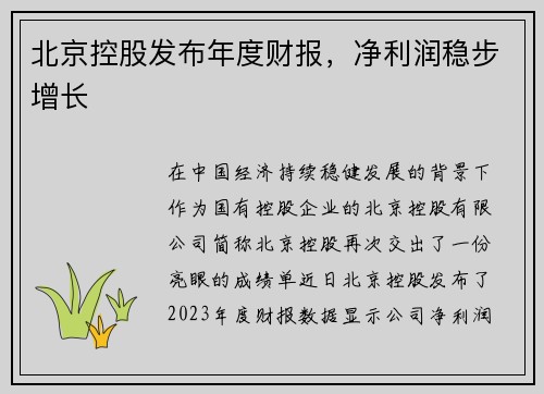 北京控股发布年度财报，净利润稳步增长