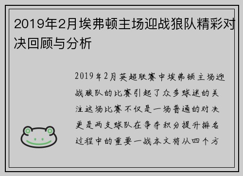 2019年2月埃弗顿主场迎战狼队精彩对决回顾与分析