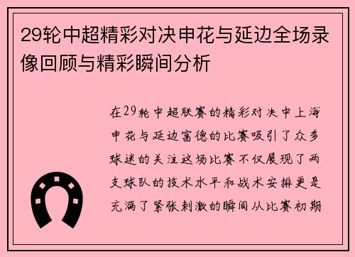 29轮中超精彩对决申花与延边全场录像回顾与精彩瞬间分析